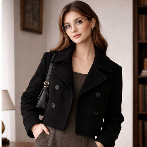 henri bendel Jackets & Blazers - Henri Bendel Cashmere Wool Cropped Double Breasted Blazer Peacoat Black Size 8